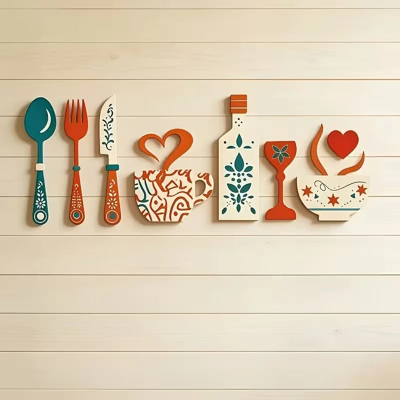 A set of seven rustic wooden kitchen decor pieces including a fork, knife, cup, wine glass, and heart shape displayed on a li