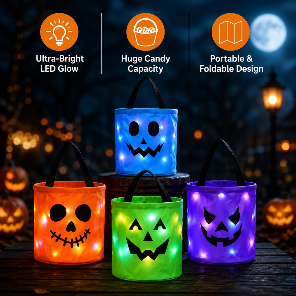 Glowing pumpkin candy bucket with LED handle featuring ultra-bright glow and portable design.