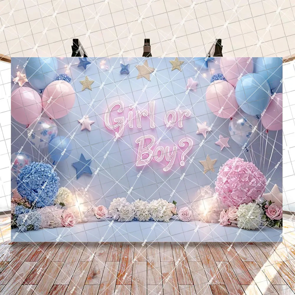 A gender reveal party decoration set featuring blue and pink balloons, stars, and floral arrangements.