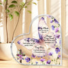 Heart-shaped acrylic decor featuring a purple butterfly and flowers with inspirational scripture