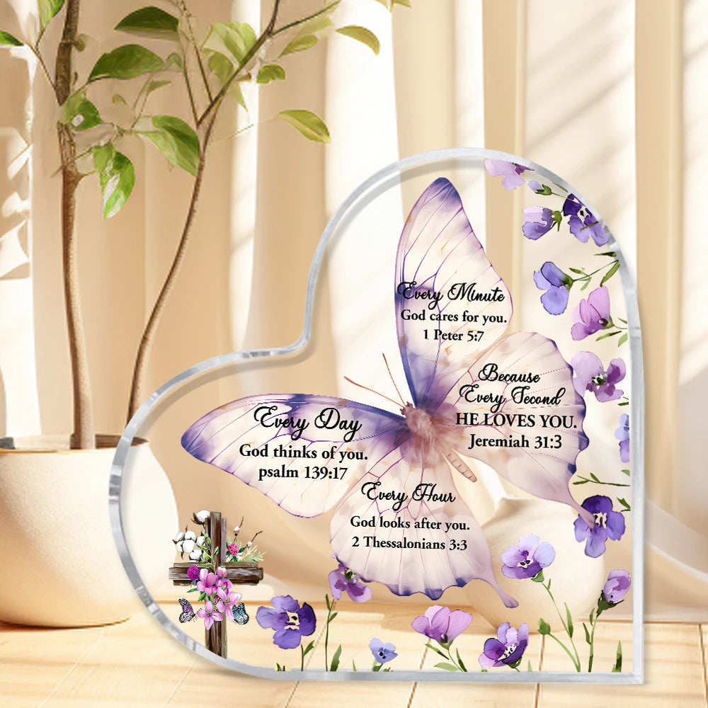 Heart-shaped acrylic decor featuring a purple butterfly and flowers with inspirational scripture