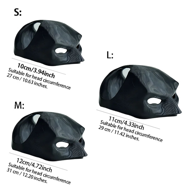Masque de chat chauve-souri noir pour Halloween disponible en tailles S, M et L avec les mesures de tour de tête correspondan