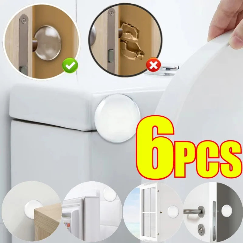 Six pieces of self-adhesive silicone door stoppers or bumpers shown in various angles and contexts.
