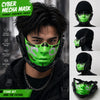 A close-up of a person wearing a bright green cyber mesh mask with black accents, displayed against a dark background.