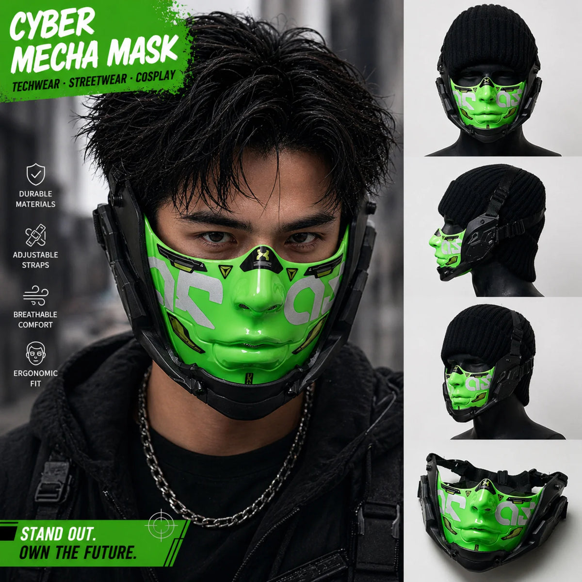 A close-up of a person wearing a bright green cyber mesh mask with black accents, displayed against a dark background.