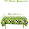 Green plastic tablecloth measuring 220cm long used for a soccer party.