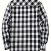 A black and white buffalo plaid button-up shirt with long sleeves.