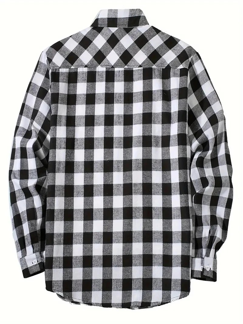 A black and white buffalo plaid button-up shirt with long sleeves.