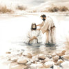 Watercolor painting of Jesus and a shepherd in water, depicting a biblical scene.