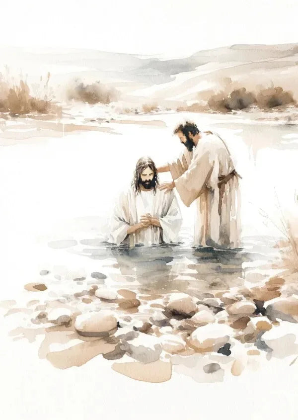 Watercolor painting of Jesus and a shepherd in water, depicting a biblical scene.