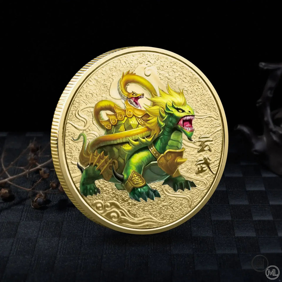 A gold-colored collectible coin featuring a fierce green mythical beast with yellow accents and a Tai Chi motif.