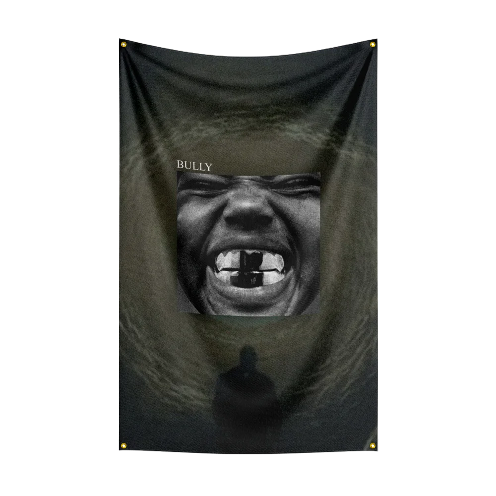 A dark tapestry featuring a close-up, intense facial portrait of a man with an open mouth and teeth showing.