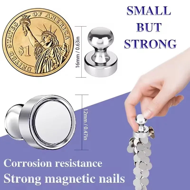 A set of small, strong magnetic nails and pushpins with a coin design for corrosion resistance