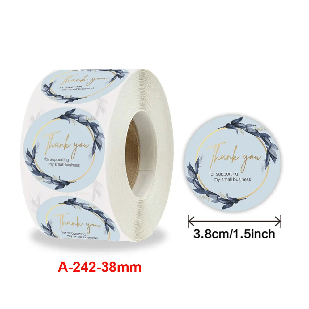 Roll of gold foil thank you sealing stickers with a floral design for packaging and gifts