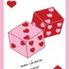 A pink playing card featuring a red cube with pink hearts and a red heart, with the text mon cherie amour.