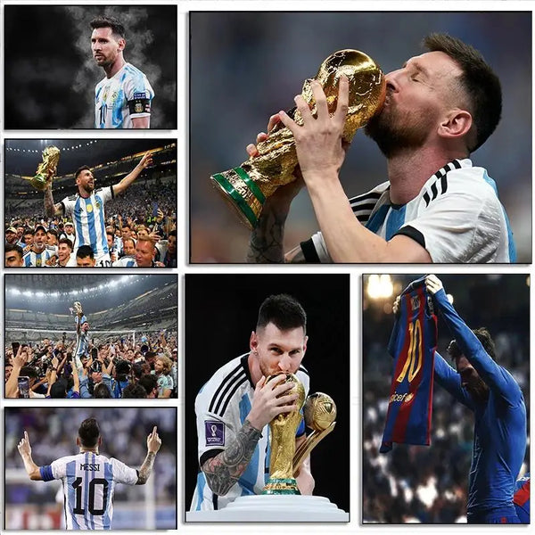 Collage d'images de Lionel Messi célébrant avec un trophée doré et un portrait rapproché.