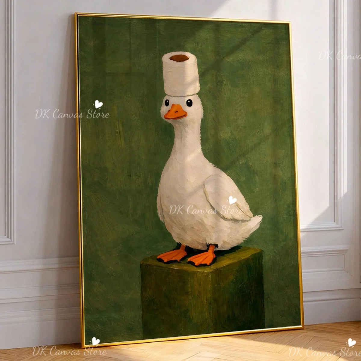 A painting of a white duck statue on a green pedestal in a gold frame.