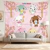 Pink and green whimsical tapestry featuring cartoon animals like a dog and a cat on a floral background
