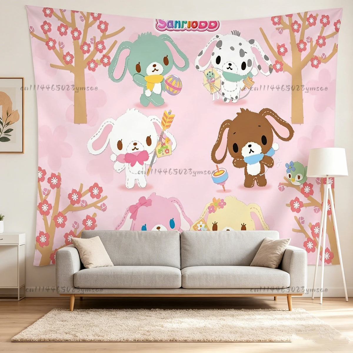 Pink and green whimsical tapestry featuring cartoon animals like a dog and a cat on a floral background