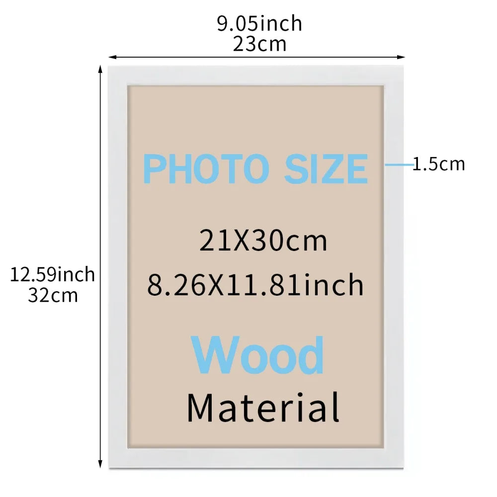 A rectangular wooden photo frame with a light beige background and white border, measuring 21x30cm.