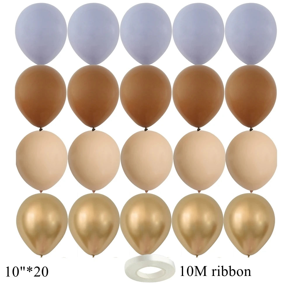 A set of 20 balloons in various shades of blue and gold, including latex balloons and a 10M ribbon.