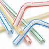 A bundle of flexible reusable drinking straws in assorted colors, including white, green, red, and blue.