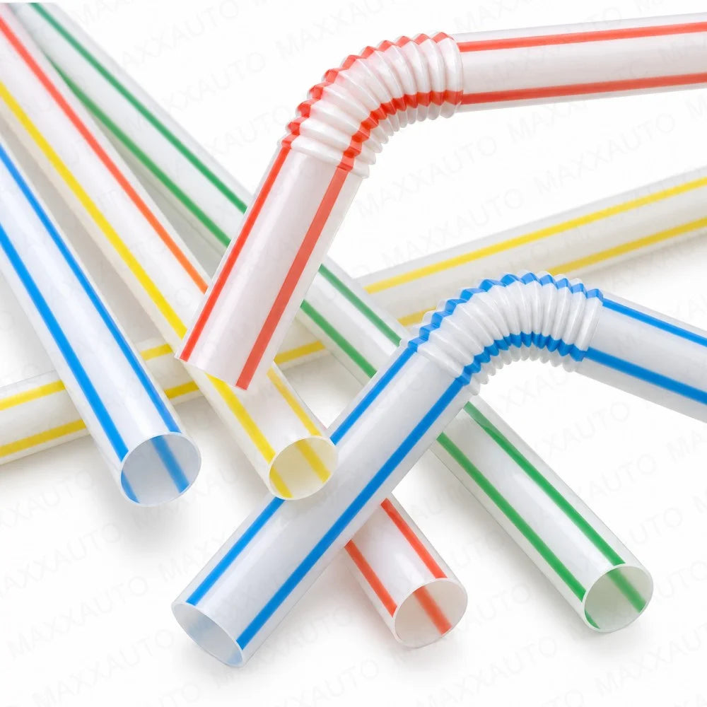 A bundle of flexible reusable drinking straws in assorted colors, including white, green, red, and blue.