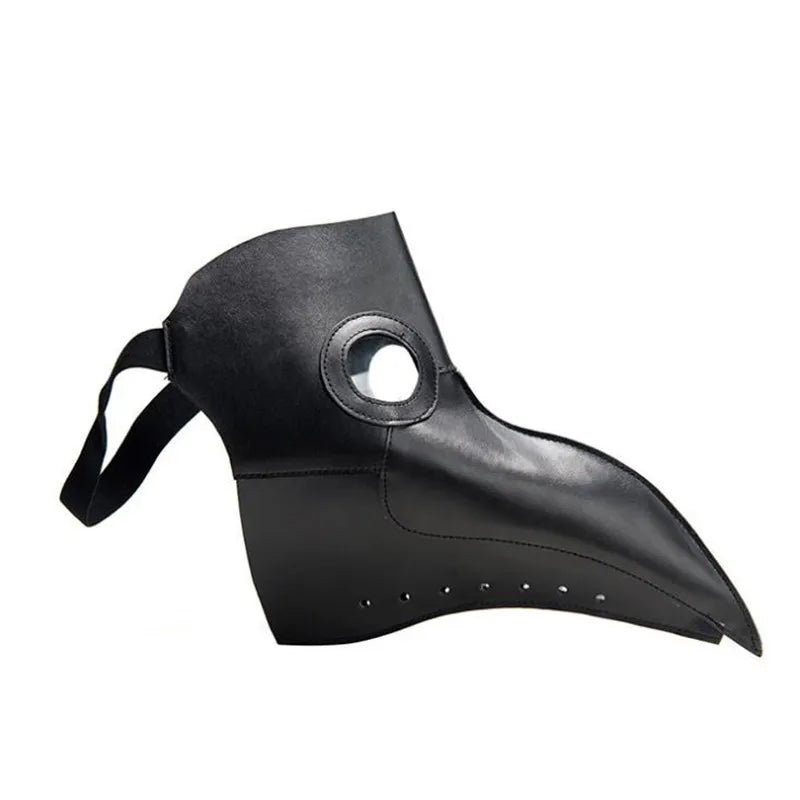 A black plague doctor mask with a long beak, shown from the side.