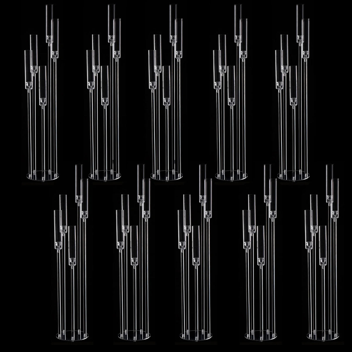 A set of tall 5-arm acrylic candelabra for weddings and home decor displayed against a black background.