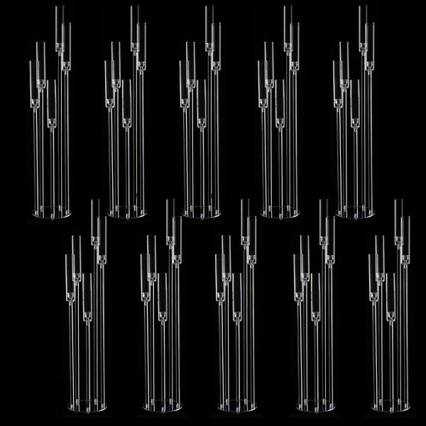 A set of tall 5-arm acrylic candelabra for weddings and home decor displayed against a black background.