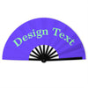 A purple folding fan with the text Design Text written in green.