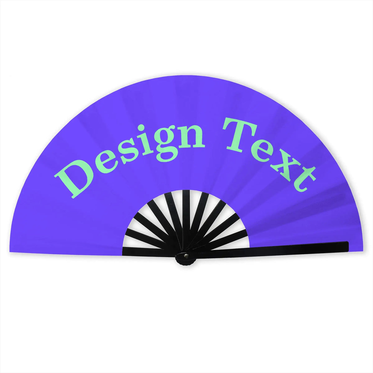A purple folding fan with the text Design Text written in green.