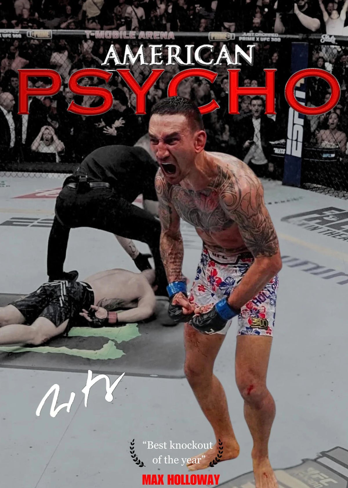 A muscular male fighter with tattoos is shown in a striking pose during a combat sports event.