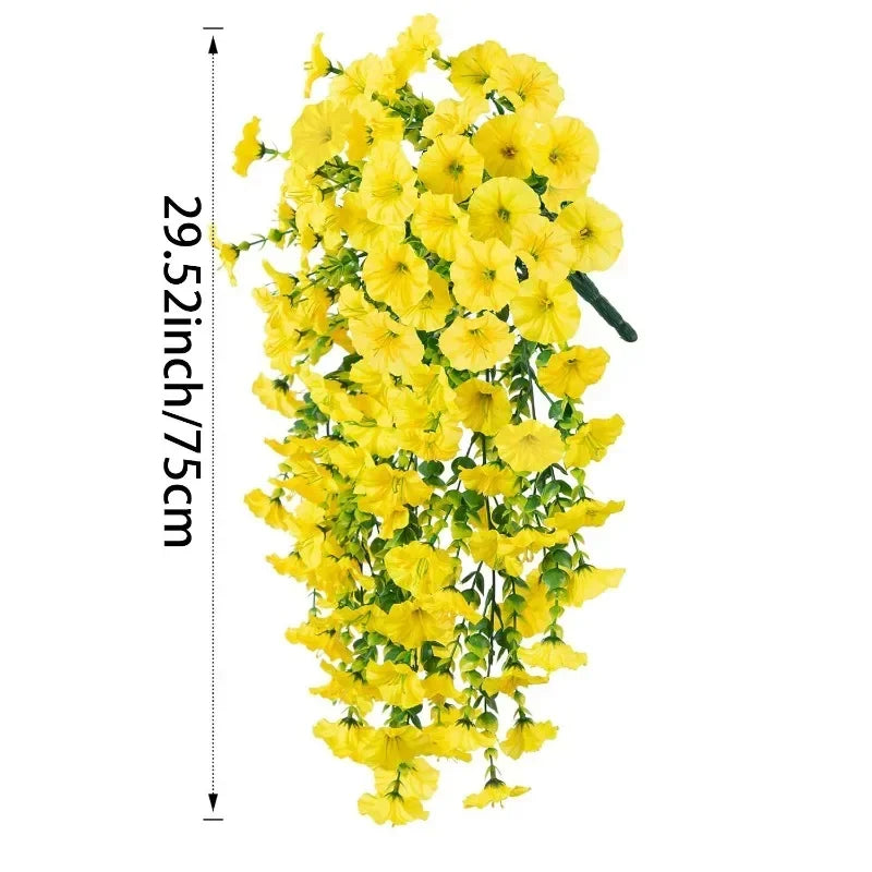A long, vertical garland of bright yellow artificial morning glory flowers.