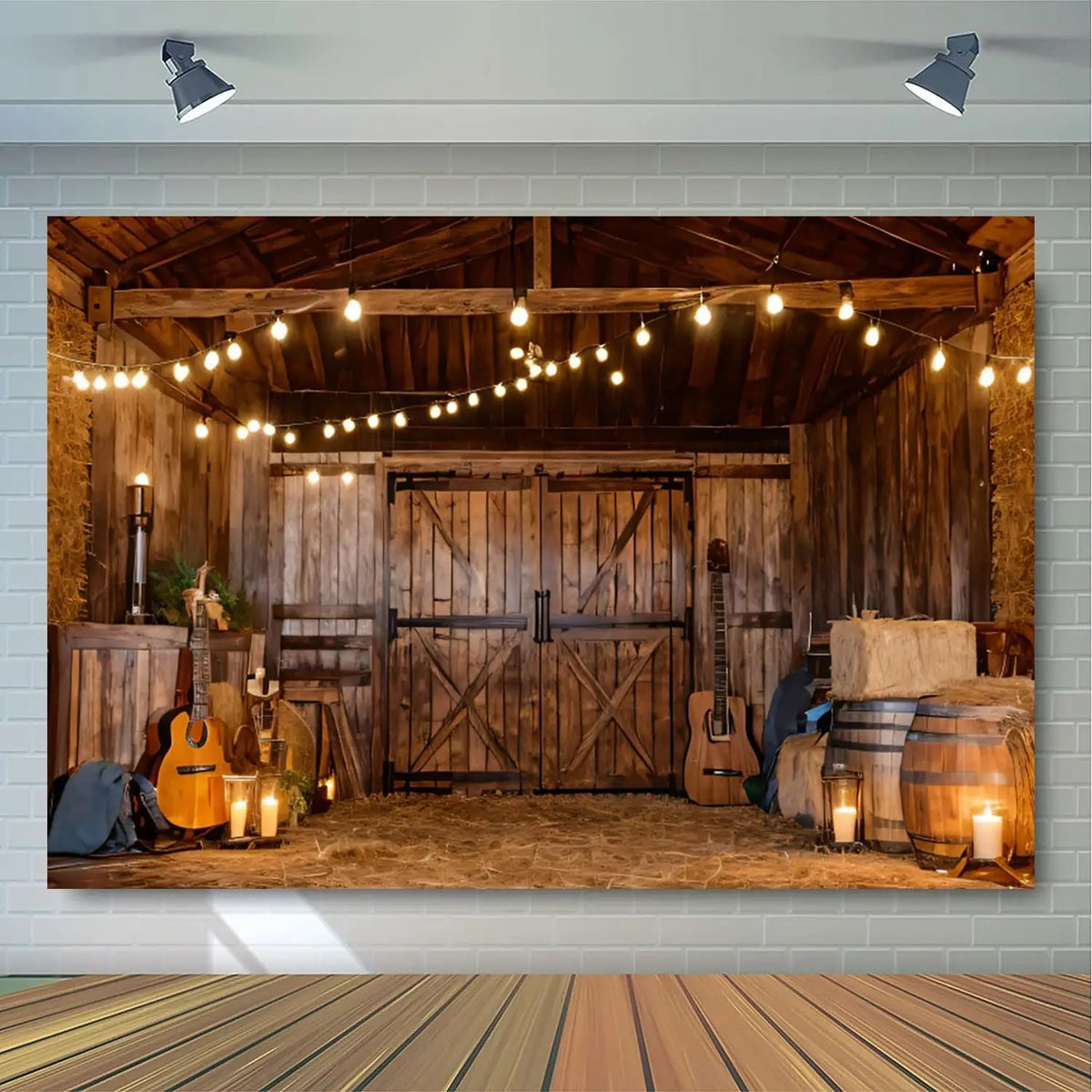 A rustic barn interior featuring wooden doors and a hanging string light, used as a backdrop for photography.