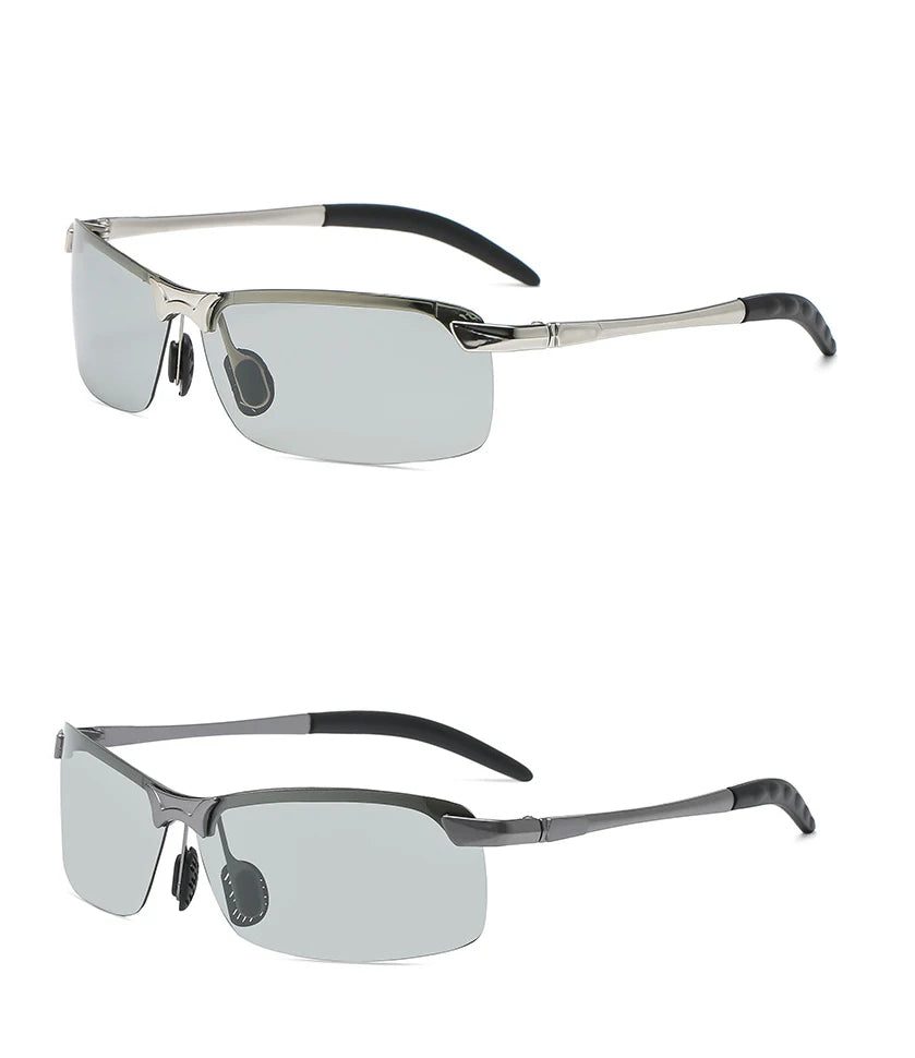 Men's photochromic polarized driving sunglasses with an alloy frame shown against a white background.
