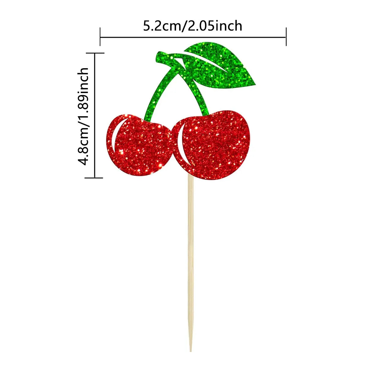 A set of two glittery red cherry and green leaf cake toppers on wooden sticks.