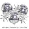 A set of metallic silver disco ball balloons and stars for decoration