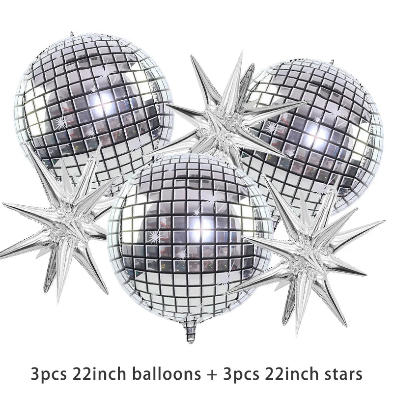A set of metallic silver disco ball balloons and stars for decoration