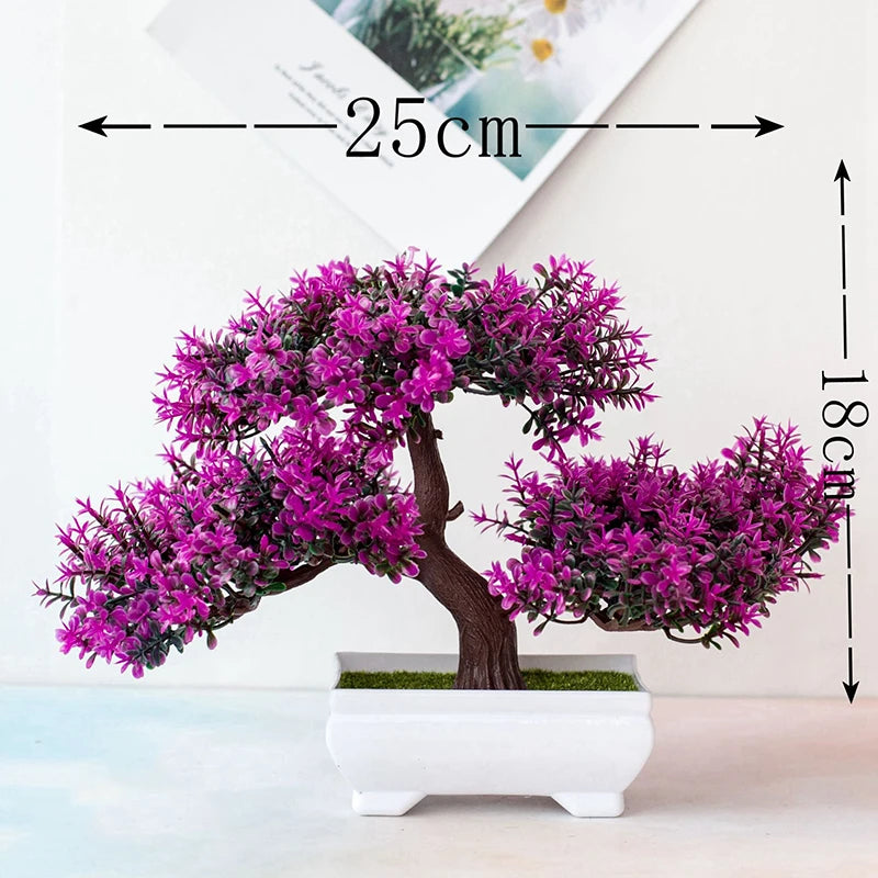 Un vibrant arbre bonsaï artificiel aux feuillages pourpres profonds dans un pot blanc.