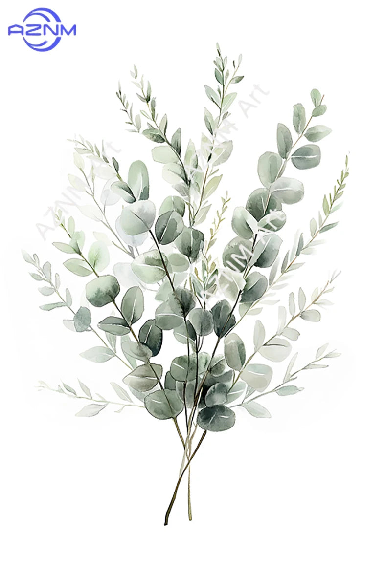 Watercolor illustration of bohemian sage green botanical leaves and sprigs.
