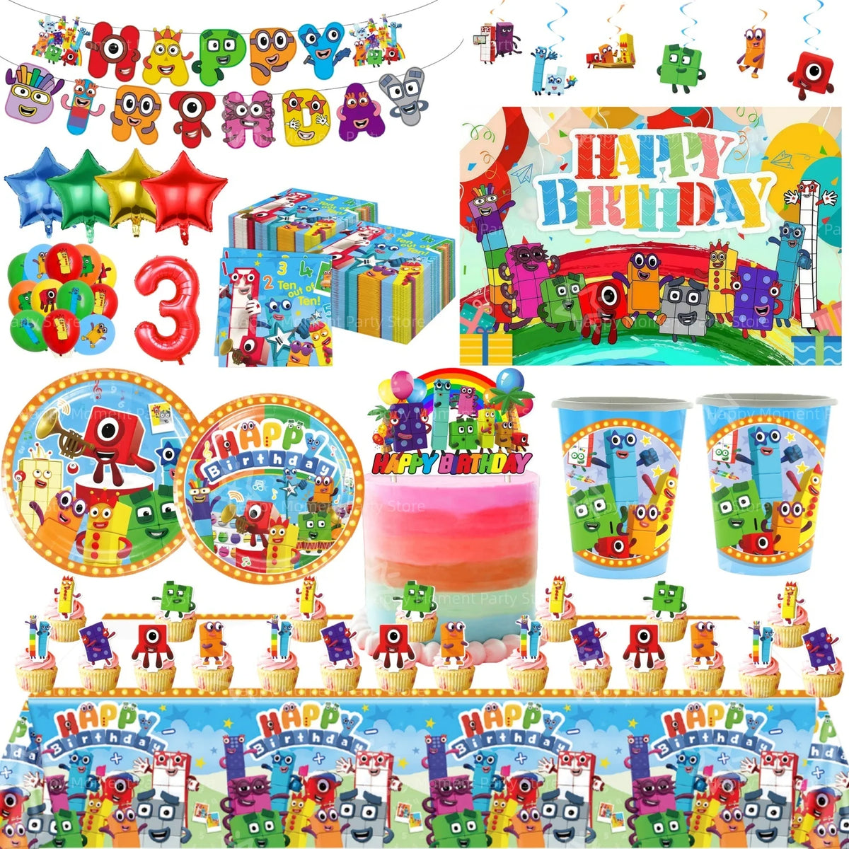 A colorful birthday party decoration set featuring building blocks, balloons, and themed characters.