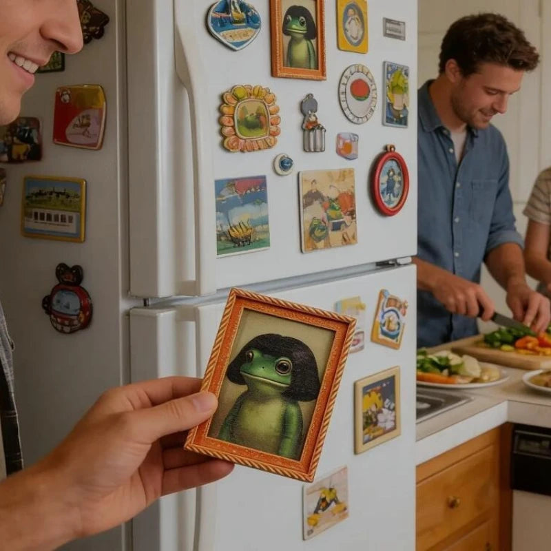 A hand holds a wooden photo frame featuring a green frog, positioned in front of a refrigerator decorated with various magnet