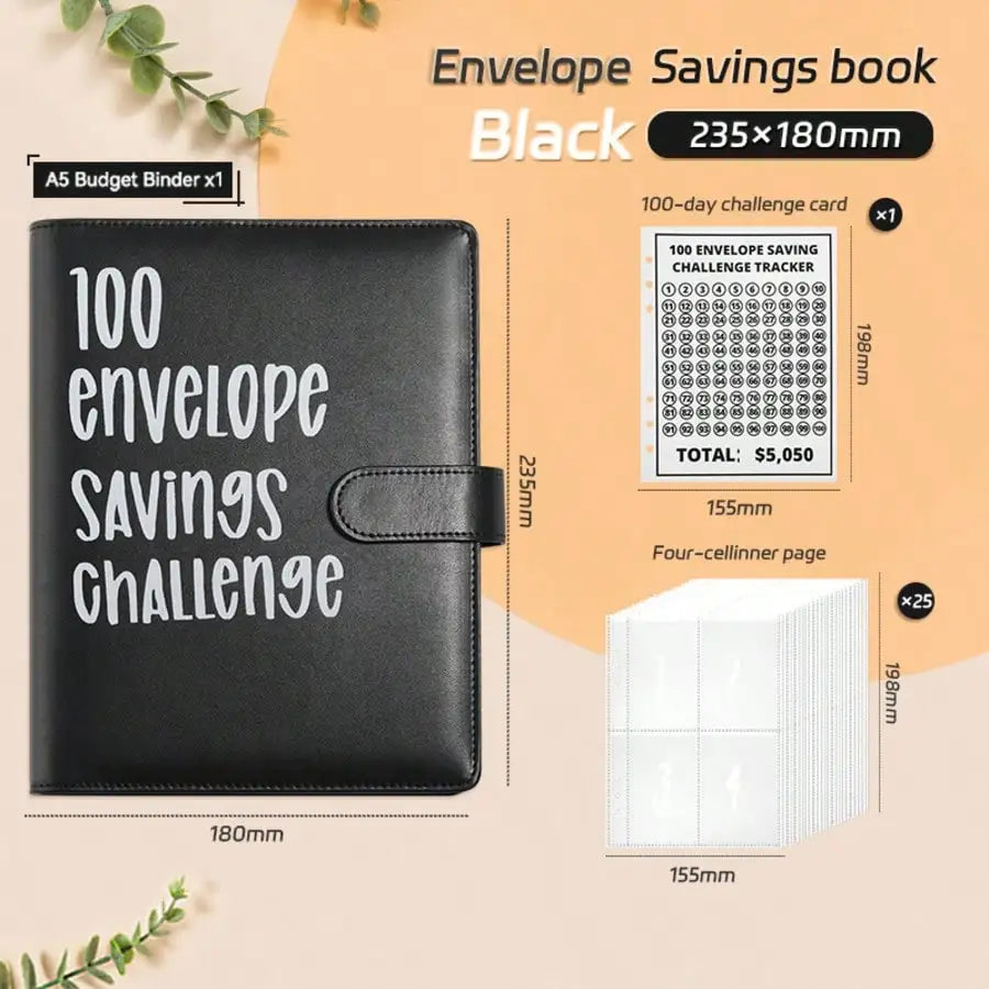 Black Envelope Savings book with a leather binder and a challenge card inside