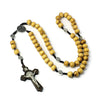 A wooden bead rosary cross necklace featuring a crucifix and beads for men and women.