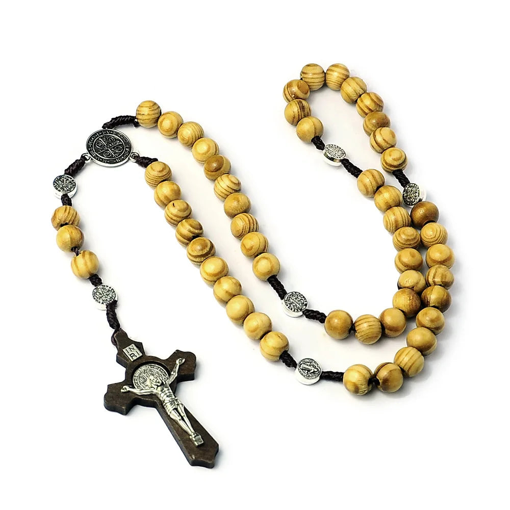 A wooden bead rosary cross necklace featuring a crucifix and beads for men and women.
