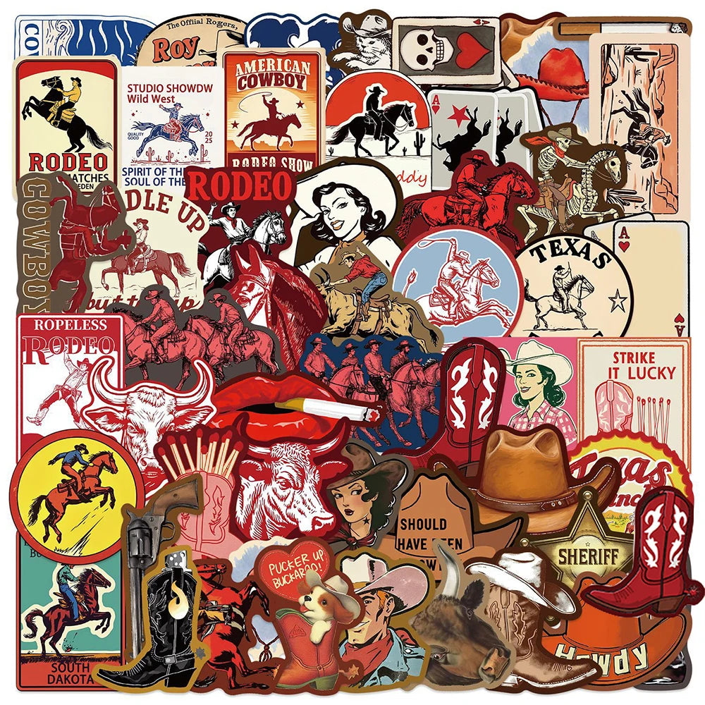 A collection of vintage cowboy graffiti stickers featuring various Western themes, animals, and figures.