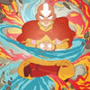Minimalist canvas wall art featuring an Avatar character with a bald head and red robes amidst swirling blue and orange flame