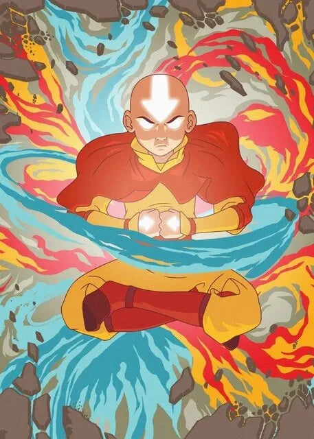 Minimalist canvas wall art featuring an Avatar character with a bald head and red robes amidst swirling blue and orange flame