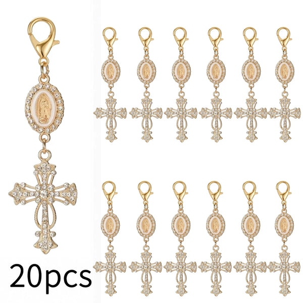 A set of 20 gold pearl rhinestone cross keychain charms for religious keepsakes.